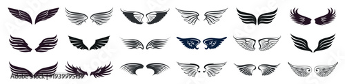 Set of black outline angel wings icon.