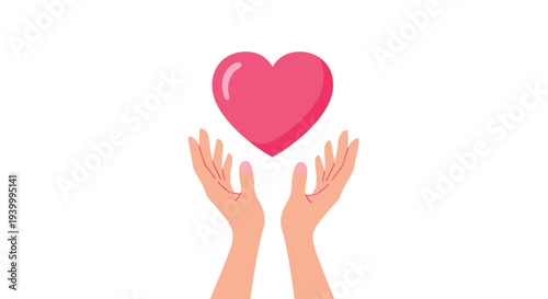 Human hands reaching out toward a large glowing pink heart in the center symbolizing love kindness community and emotional support.
