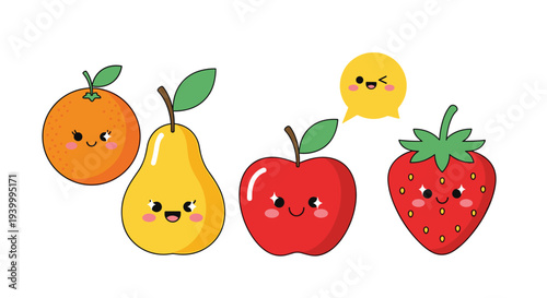 Group of adorable smiling fruit characters including an orange a pear an apple and a strawberry in a cute kawaii cartoon style.