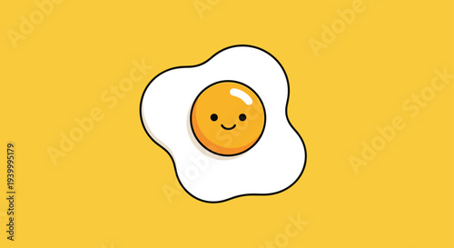 Charming illustration of a fried egg with a small happy face in the yolk set against a bright solid yellow background for breakfast.