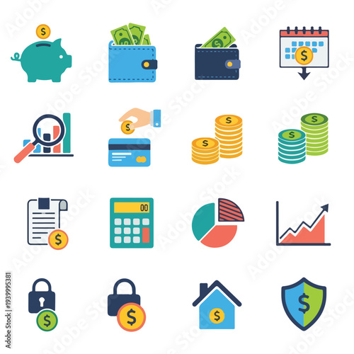 Collection of colorful flat-style financial icons, including currency and assets