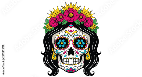 Ornate sugar skull character with long black hair and a crown of pink flowers for the Mexican Day of the Dead celebration on white.