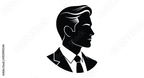 Elegant profile silhouette of a man with a groomed hairstyle wearing a formal suit and tie in a classic black and white vector art.