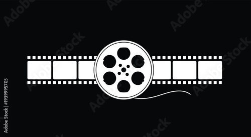 Minimalist silhouette of a vintage film reel and a film strip moving across a solid black background representing the cinema industry.