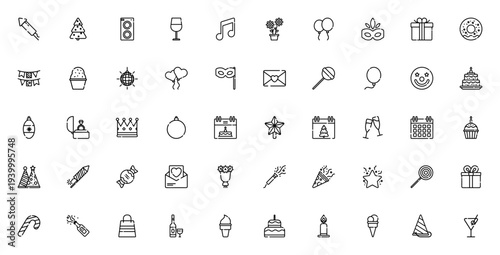Celebrations icon set. Vector party symbols collection. Includes fireworks, cake, gift, champagne, balloons, confetti and more. Editable festive illustrations.