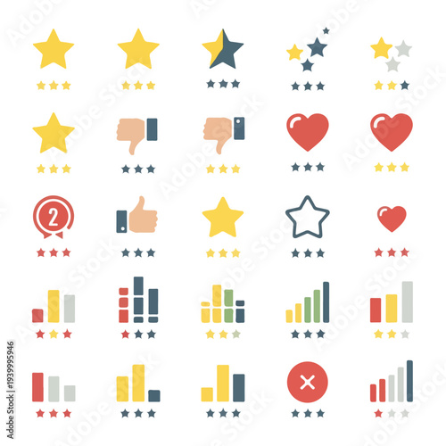Collection of flat, colorful icons representing ratings and feedback