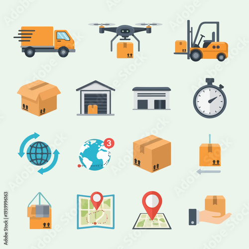 Collection of flat design illustrations showing delivery and logistics icons