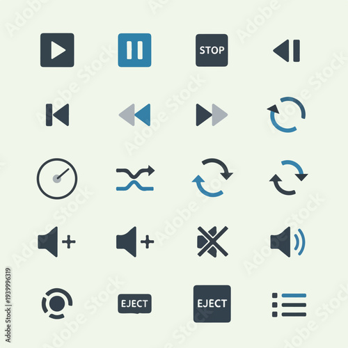 Collection of flat, vector media control and UI icons for various uses