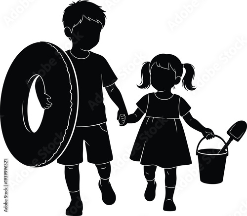 Children silhouette walking hand in hand, summer beach outing artwork, playful childhood activity illustration, black vector design, companionship scene, flavector