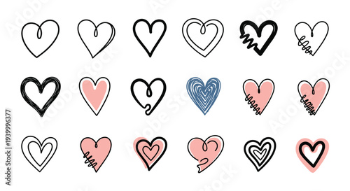 Grid of nineteen hand drawn hearts in various artistic styles with black outlines and soft pink accents for romantic and expressive creative art.
