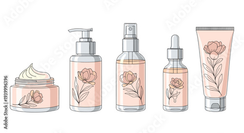 Elegant set of skincare beauty products including cream jars and pump bottles with pink floral labels for luxury cosmetic branding and design.