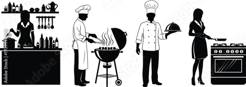 Cooking illustration kitchen chef barbecue, culinary artwork black white drawing, professional cooking scene, home cooking activity, diverse culinary roles, flavector