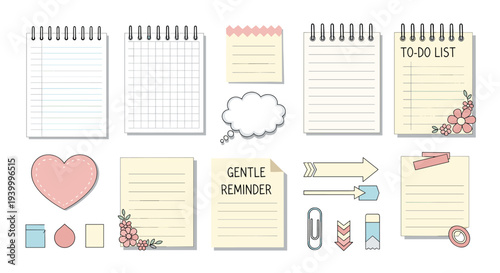 Extensive set of stationery items including notebooks sticky notes arrows and reminder slips with floral decorations for organizing and planning.