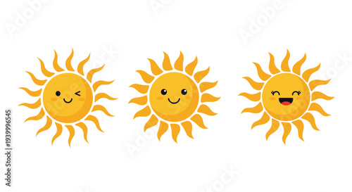 Set of three cute cartoon sun characters with different facial expressions winking and laughing on a plain white background for children decor.