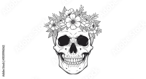 Detailed black and white illustration of a human skull wearing a beautiful crown of roses and leafy branches for artistic and gothic themes.