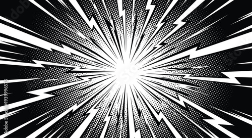 High energy black and white comic book style background with explosive lightning bolts and halftone patterns from a center point.