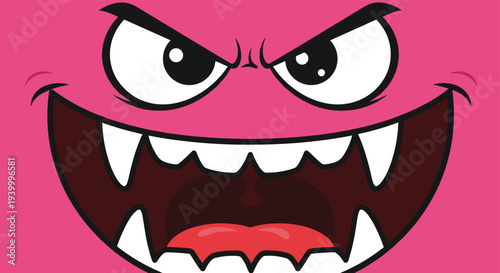 Close up of a scary pink monster face with big angry eyes and a mouth full of sharp white teeth for fun halloween and creature design projects.
