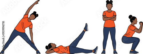 Fitness exercise illustration, stretching, leg raise, squat, standing pose, workout routine, bodyweight training, healthy lifestyle, physical activity, flavector