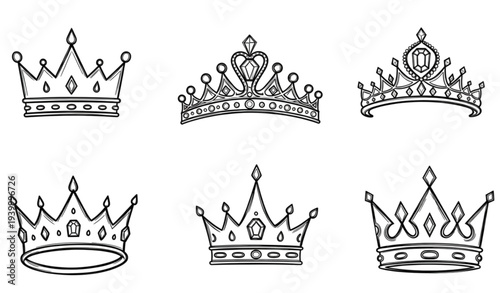 A set of six black and white crown illustrations in various designs