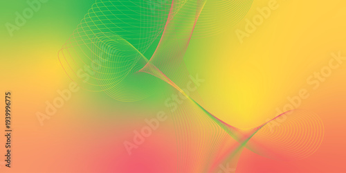 Glowing yellow, pink and green light streaks sweeping across a dark black space with scattered micro sparkles, modern digital tech theme, vector style illustration.