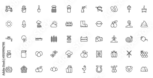Farm icon set. Vector agriculture symbols collection. Includes tractor, cow, barn, fruit, vegetable, tools, weather and more. Editable stroke.