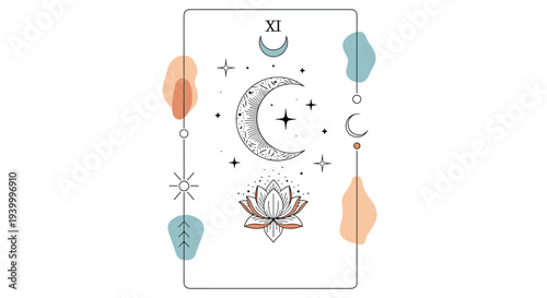 Mystical tarot card design featuring a crescent moon, blooming lotus flower, stars, and abstract pastel shapes.