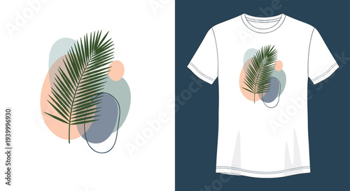 Tropical palm leaf design with abstract organic shapes displayed as a print on a white t-shirt and as a standalone graphic.