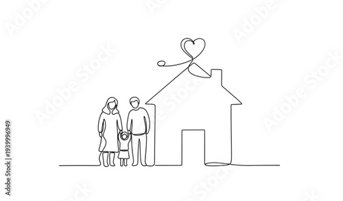 A minimalist line art illustration of a family standing in front of a house with a heart above it