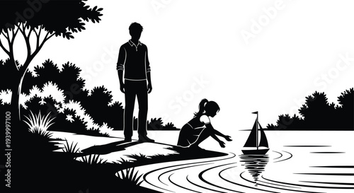 Lakeside silhouette people with sailboat, peaceful nature artwork, tranquil water reflection scene, black vector illustration, outdoor leisure design, flavector