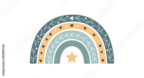 Stylized boho rainbow illustration in muted teal and yellow tones decorated with hearts, stars, and leafy branches.