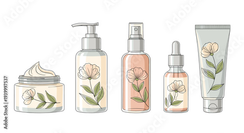 Elegant collection of five skincare cosmetic containers including jars, pumps, sprays, and tubes with floral designs.