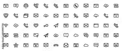 Communication icon set. Minimal vector icons pack. Includes symbols for browser, chat, email, phone call, cloud computing, wifi and more. Editable stroke.