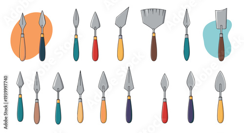 Set of different palette knives for painting and sculpture with various blade shapes and colorful handles on a white background.