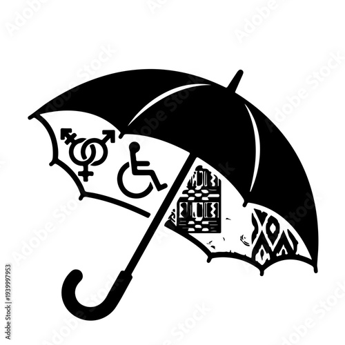 Inclusive Legal and Social Safety
A black and white vector of a large umbrella sheltering diverse icons, symbolizing inclusive legal protection, social safety nets, and human rights for all groups 