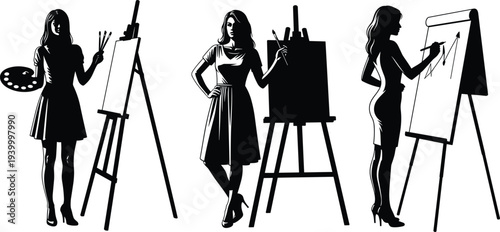 Silhouette illustration of three women with easels, painting, drawing, presenting creative and professional vector artwork for art, business – flavector