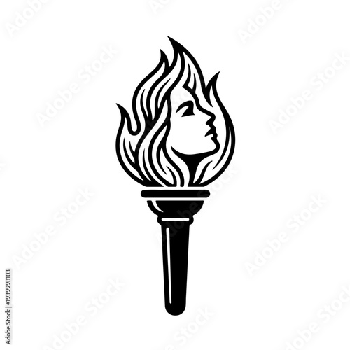 creative black and white vector of a burning torch where the flame forms a human profile silhouette, symbolizing enlightenment, hope, and the human spirit in the darkness