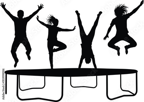 Silhouette trampoline jumping illustration, four people dynamic poses, black vector artwork, recreational fun activity, energetic motion design, playful sports scene, flavector