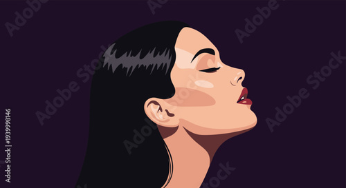 Close up profile illustration of a beautiful woman with long dark hair and closed eyes in a minimalist flat art style against purple.