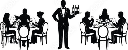Silhouette illustration of waiter serving wine bottles, fine dining restaurant, elegant dinner tables, social gathering, upscale service, flavector