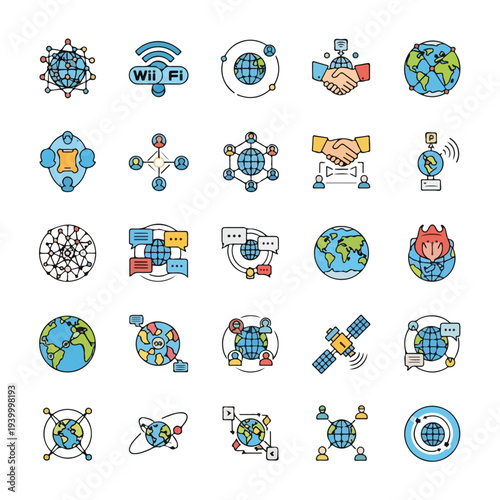 Collection of various colorful icons with globes, people, and Wi-Fi symbol