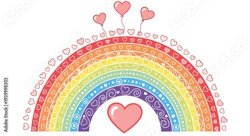 Colorful rainbow illustration made of various rows of hearts with floating heart balloons on a white background for a celebratory theme.