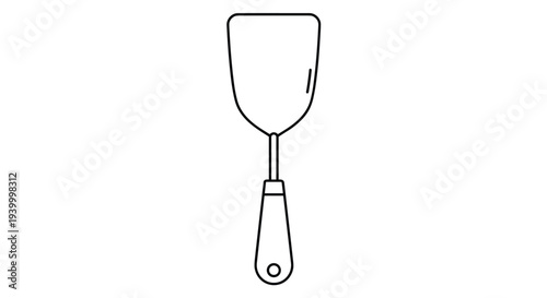 Simple black and white line art illustration of a kitchen spatula or turner used for cooking and flipping food in the kitchen.
