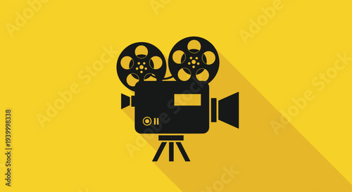 Flat design movie camera icon with a long shadow effect on a bright yellow background symbolizing cinema film and video production.
