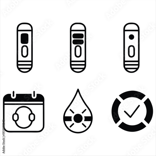 Collection of black line icons for pregnancy tests, fertility tracking, and health monitoring.