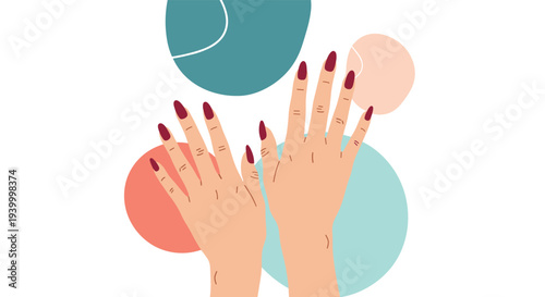 Pair of hands with long manicured red nails over a background of colorful abstract shapes in a modern and clean vector illustration.