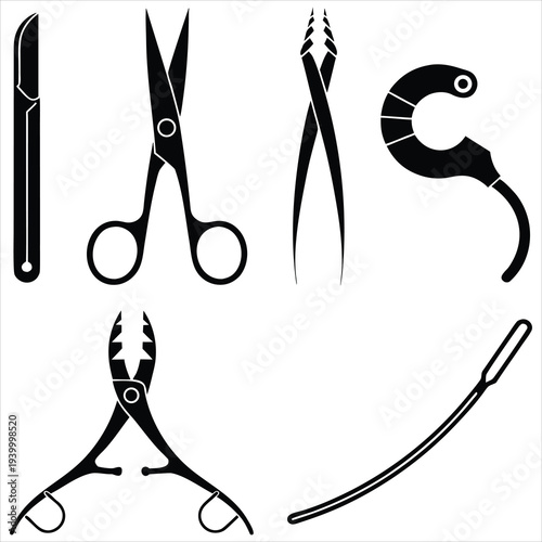 Surgical tools icons: scalpel, scissors, forceps, clamp, and other medical instruments.