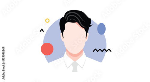 Modern faceless male avatar character wearing a white shirt and tie against a light blue circle background with abstract geometric shapes.