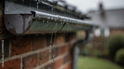 Rainwater dripping from a metal gutter attached to a brick house during a rainy day, with blurred greenery and buildings in the background