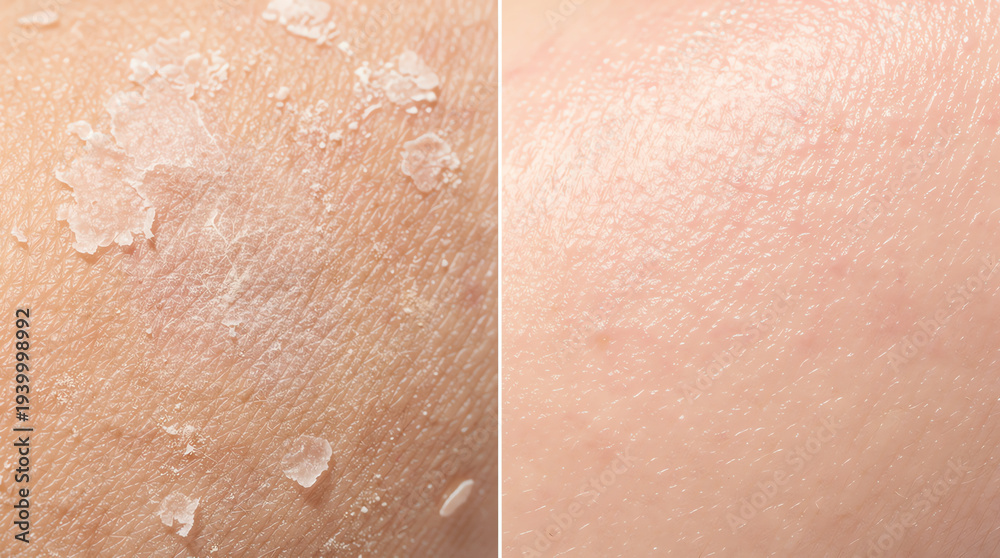 Fototapeta premium Close-up comparison of dry, flaky skin on the left and smooth, hydrated skin on the right, highlighting skin condition improvement or skincare effects