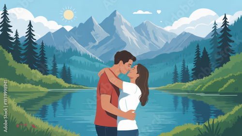 Loving couple embracing and kissing in serene natural landscape with mountains lake and trees